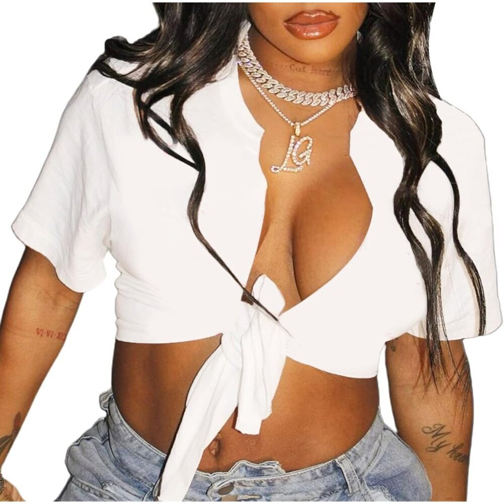 Womens Cotton Crop Top Tie Front Short Sleeve Graphic Summer Clubwear